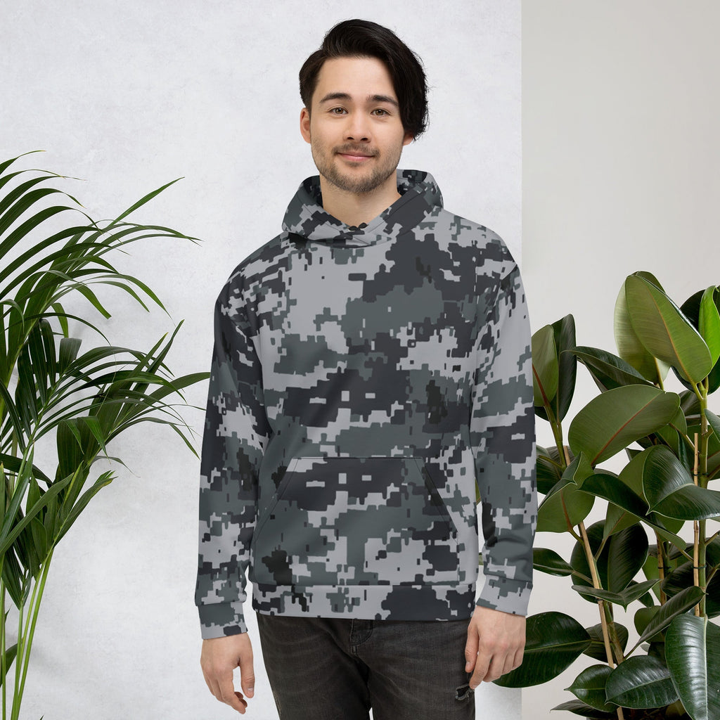 Gray-and-black army camo pullover hoodie with drawstring hood and kangaroo pocket