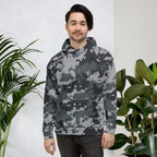 Gray-and-black army camo pullover hoodie with drawstring hood and kangaroo pocket