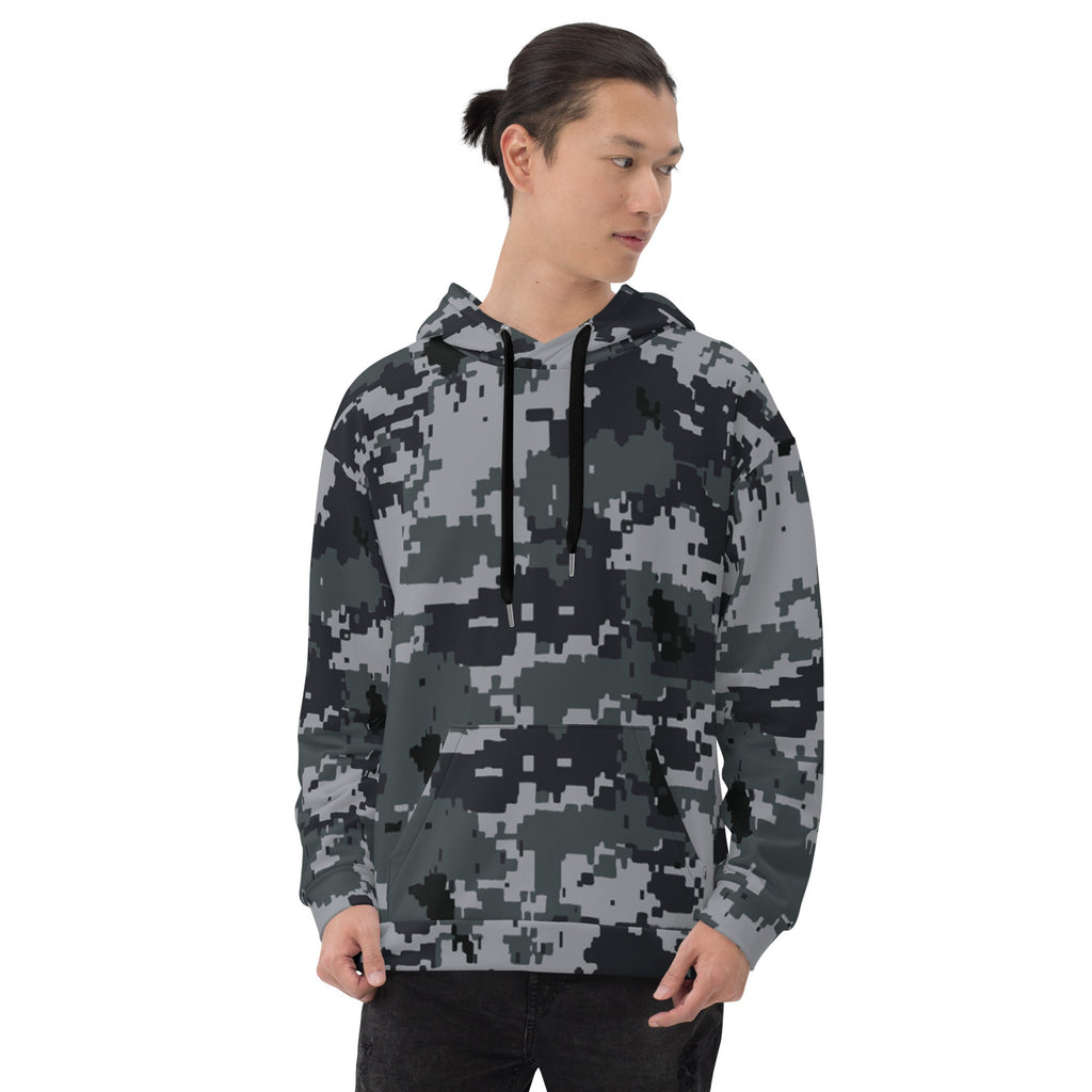Gray-and-black army camo pullover hoodie with drawstring hood and front pouch pocket