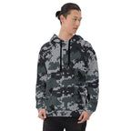 Gray-and-black army camo pullover hoodie with drawstring hood and front pouch pocket