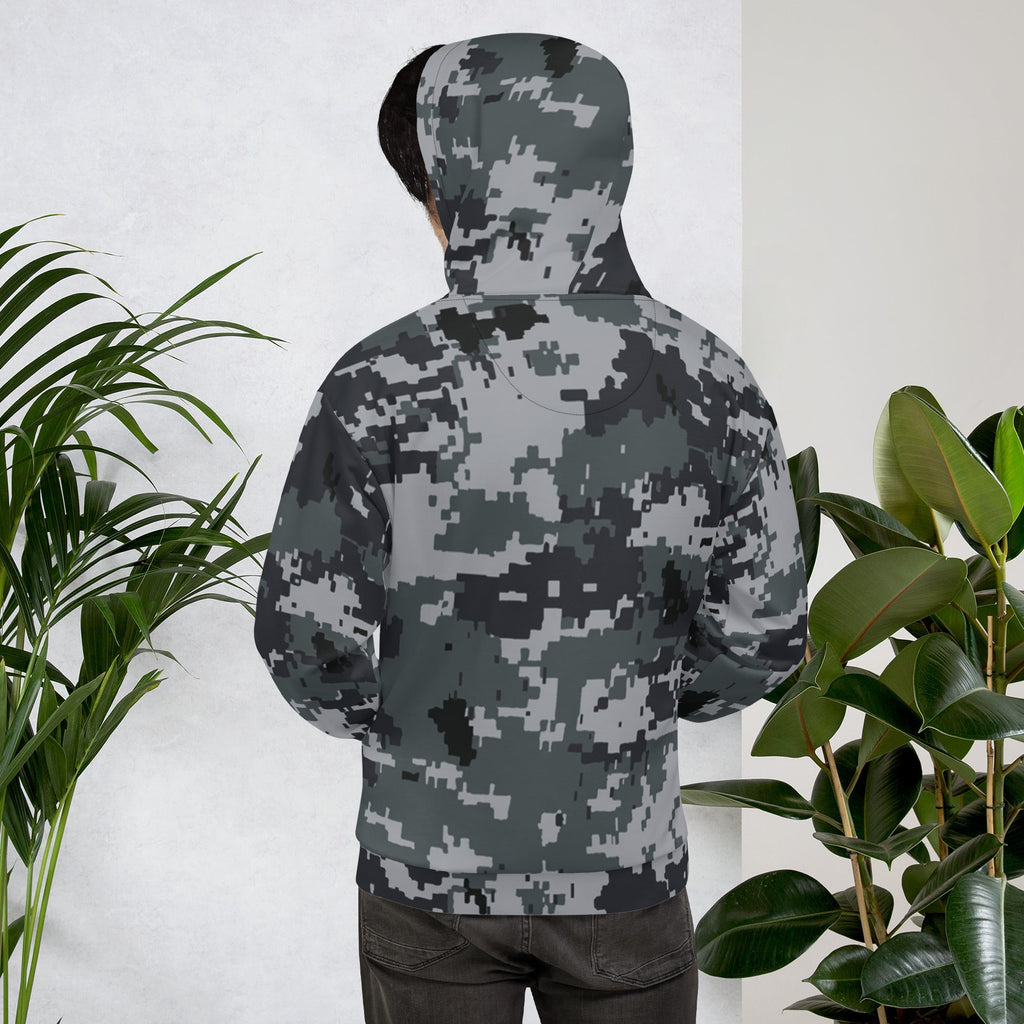Gray-and-black army camo pullover hoodie with hood and front pouch pocket