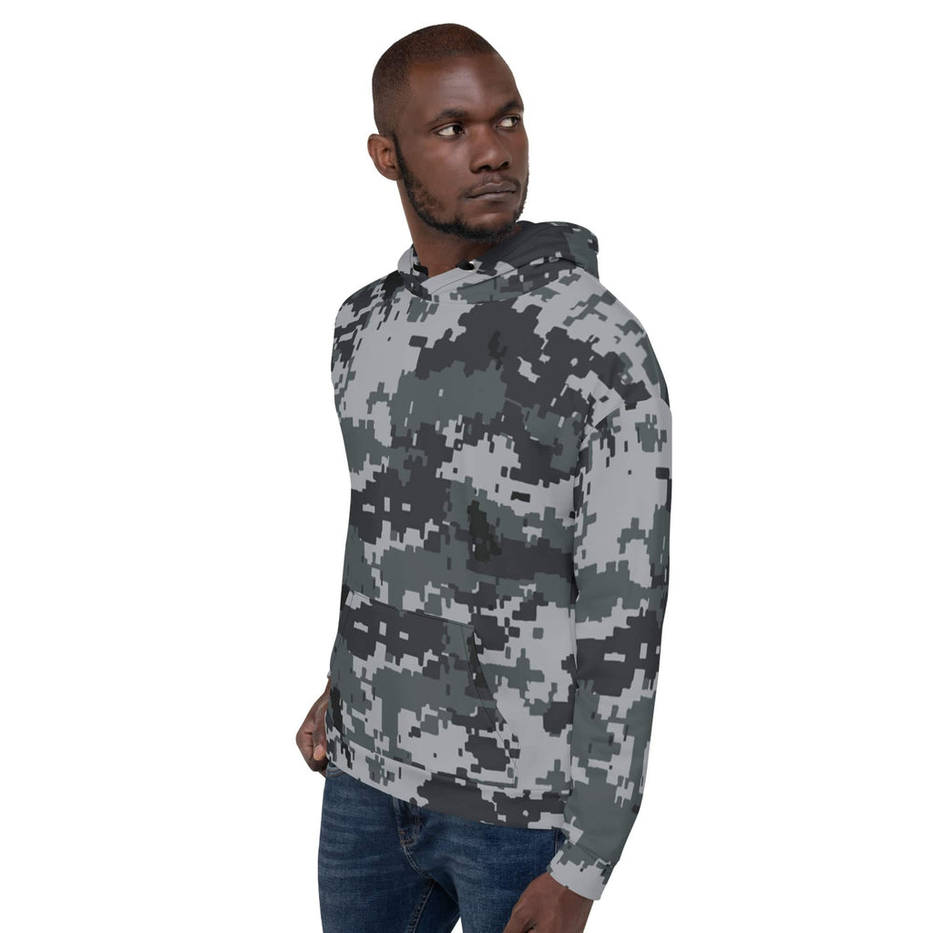 Gray-and-black army camo pullover hoodie with hood and kangaroo-style pocket