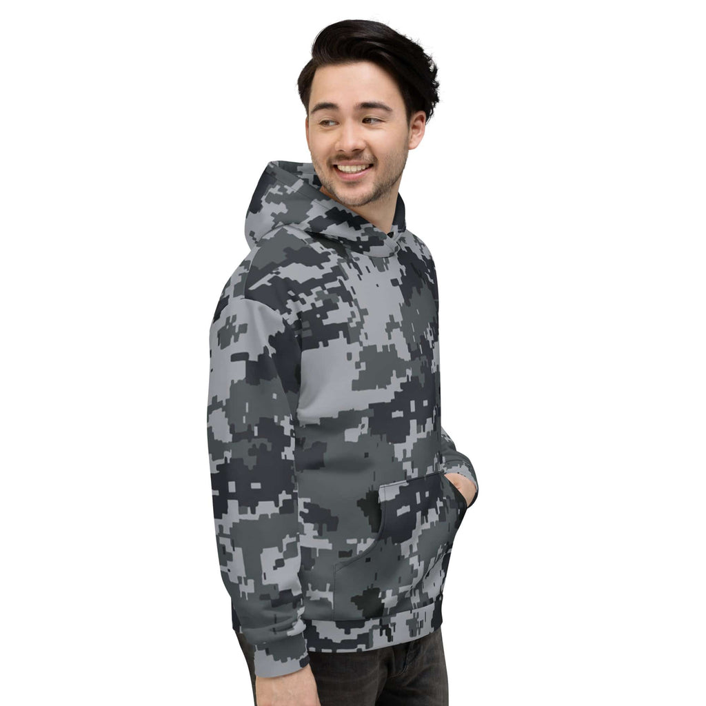 Gray-and-black army camo pullover hoodie with hood and front pouch pocket
