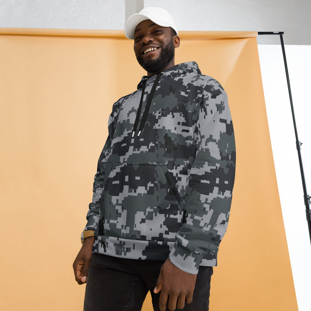 Gray-and-black army camo pullover hoodie with drawstring hood and pouch pocket