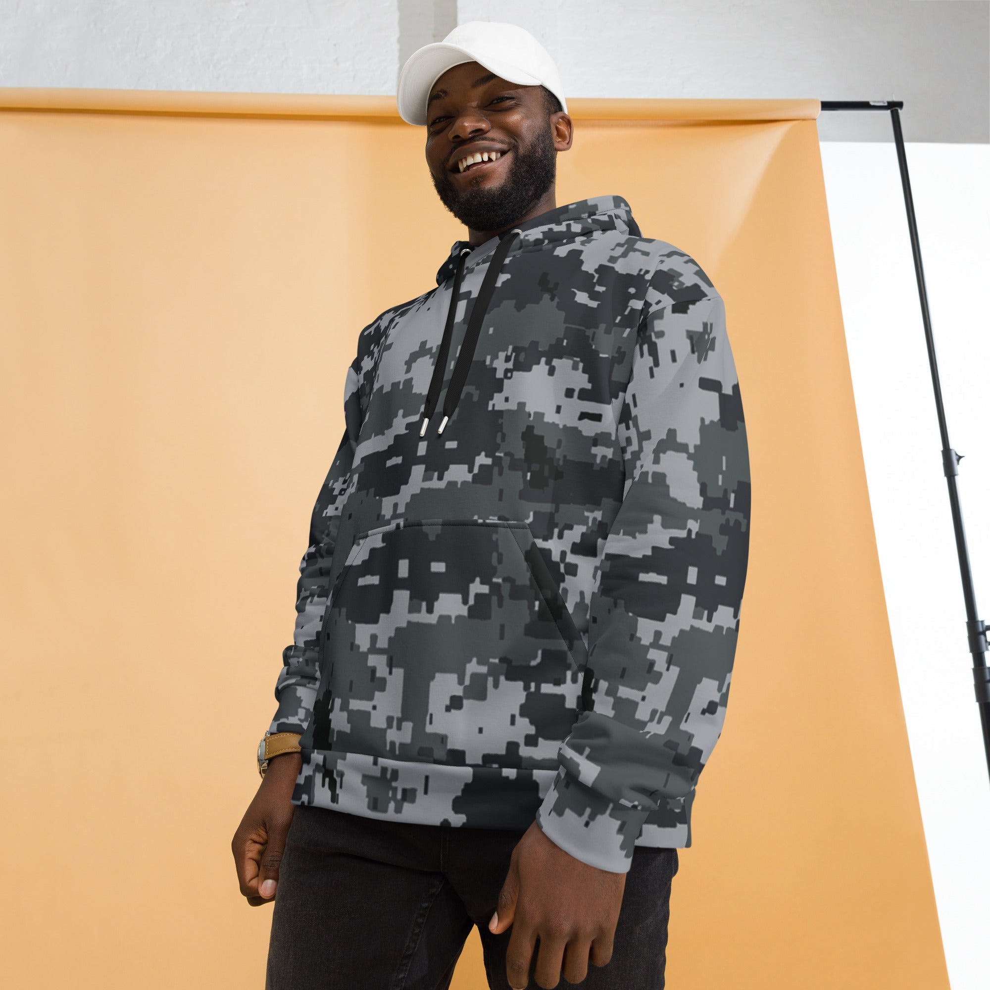 Gray-and-black army camo pullover hoodie with drawstring hood and pouch pocket
