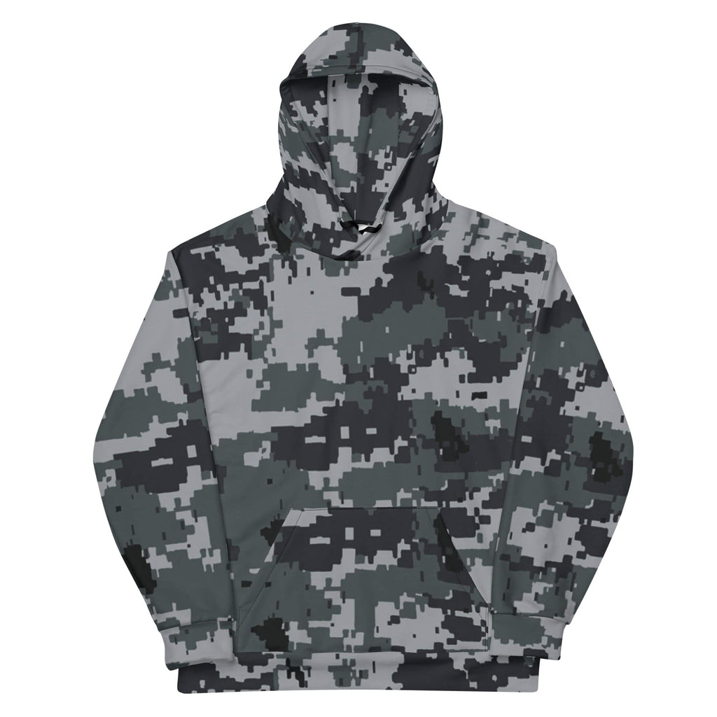 Gray-and-black army camo hoodie with front kangaroo pocket and drawstring hood