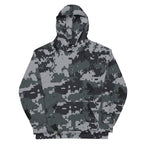 Gray-and-black army camo hoodie with front kangaroo pocket and drawstring hood