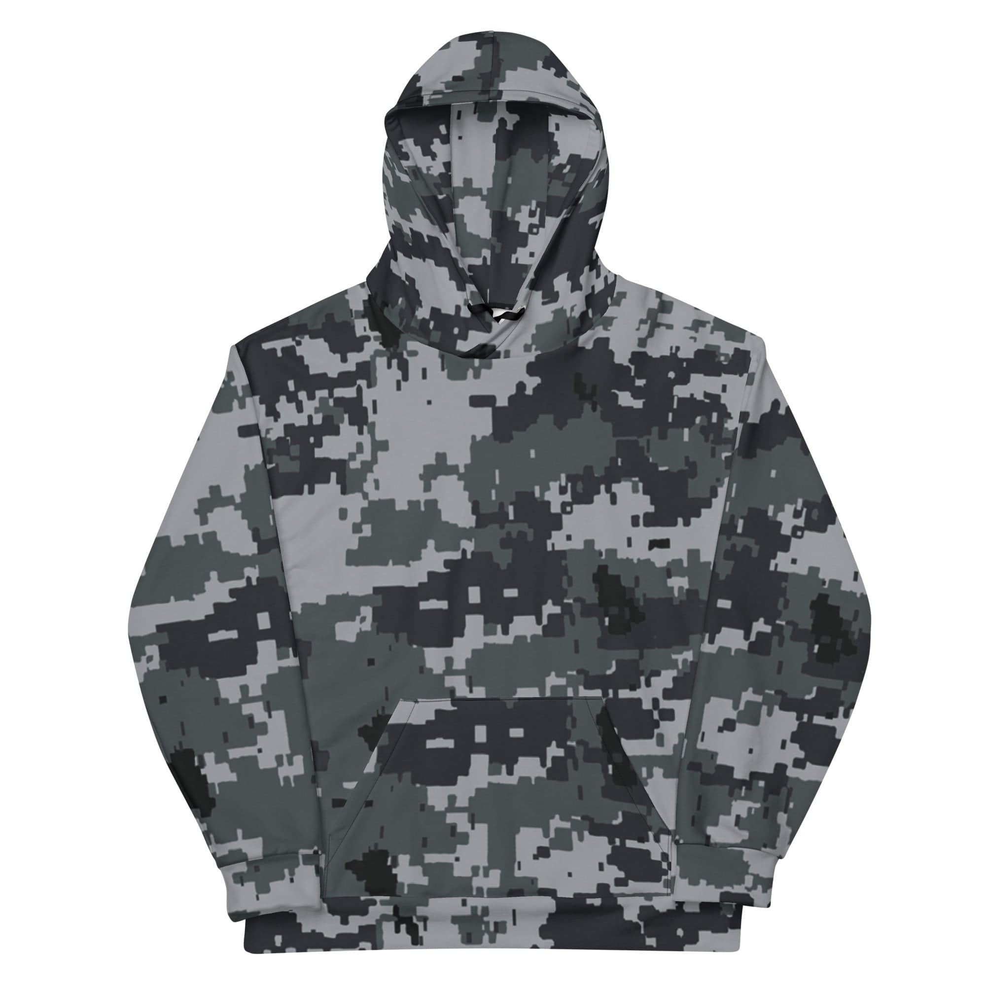 Gray-and-black army camo hoodie with front kangaroo pocket and drawstring hood