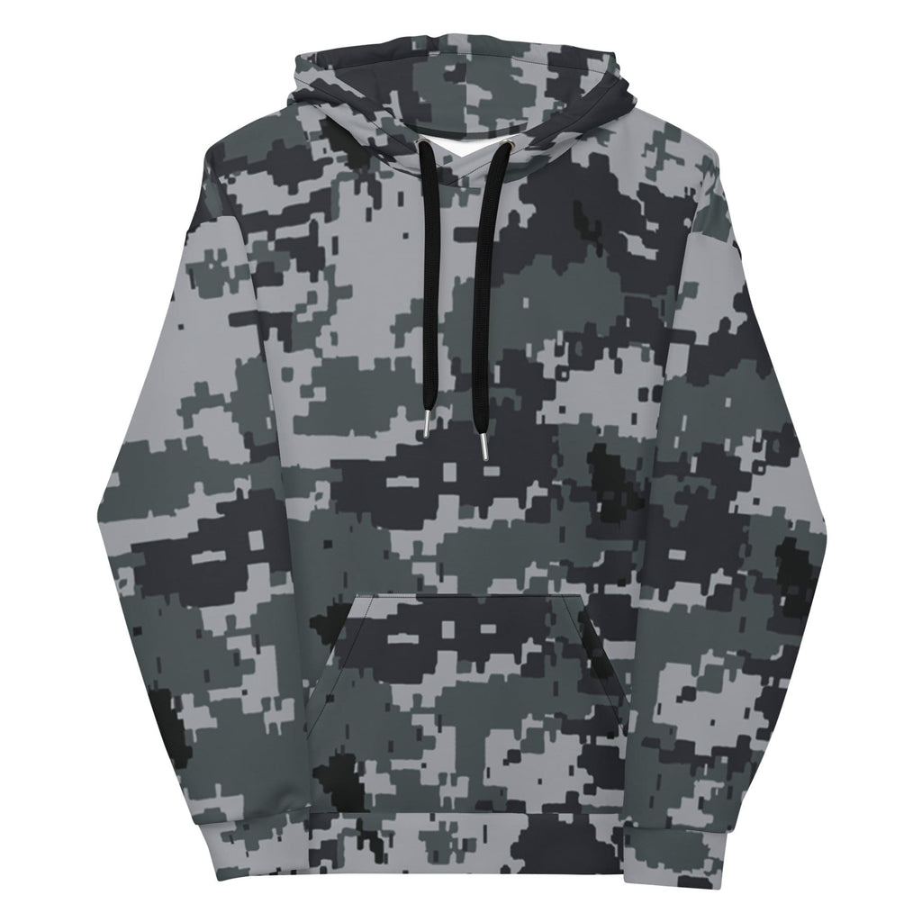 Gray-and-black army camo pullover hoodie with drawstring hood and pouch pocket