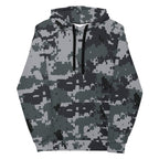Gray-and-black army camo pullover hoodie with drawstring hood and pouch pocket
