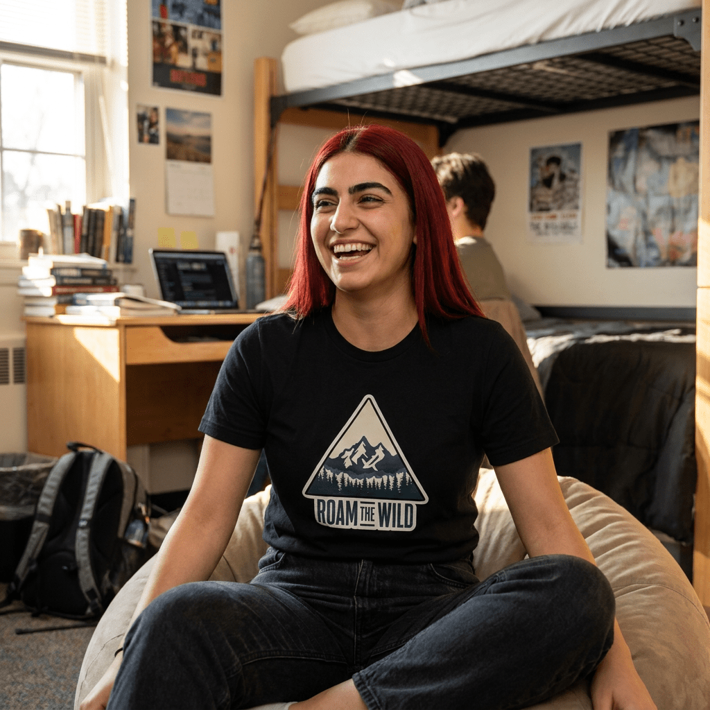 Black unisex hiking t-shirt with triangular “Roam the Wild” mountain graphic at center