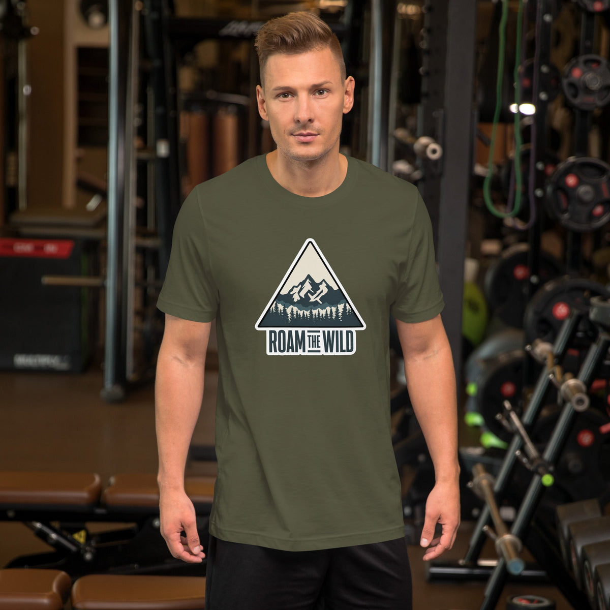 Olive green unisex hiking T-shirt with Roam the Wild mountain logo graphic on chest