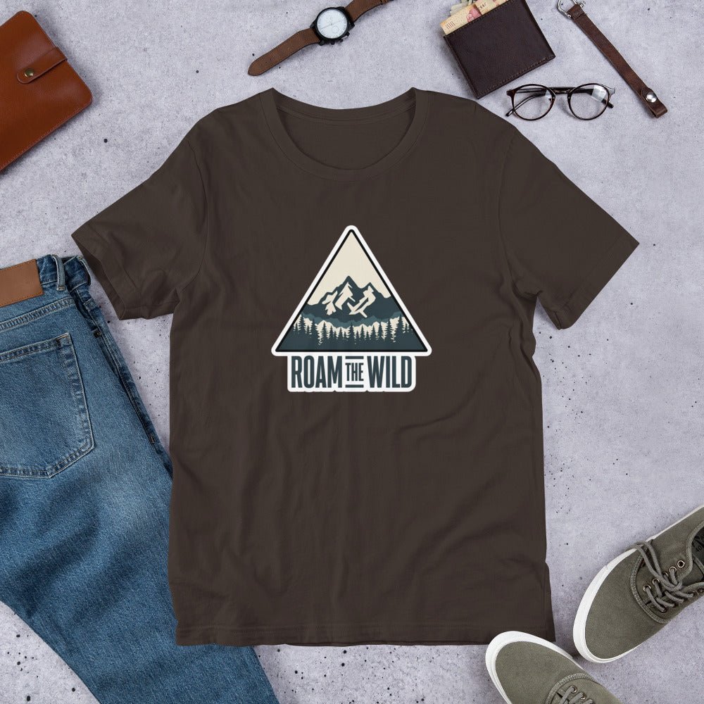Brown unisex hiking T-shirt, crew neck, Roam the Wild mountain logo graphic