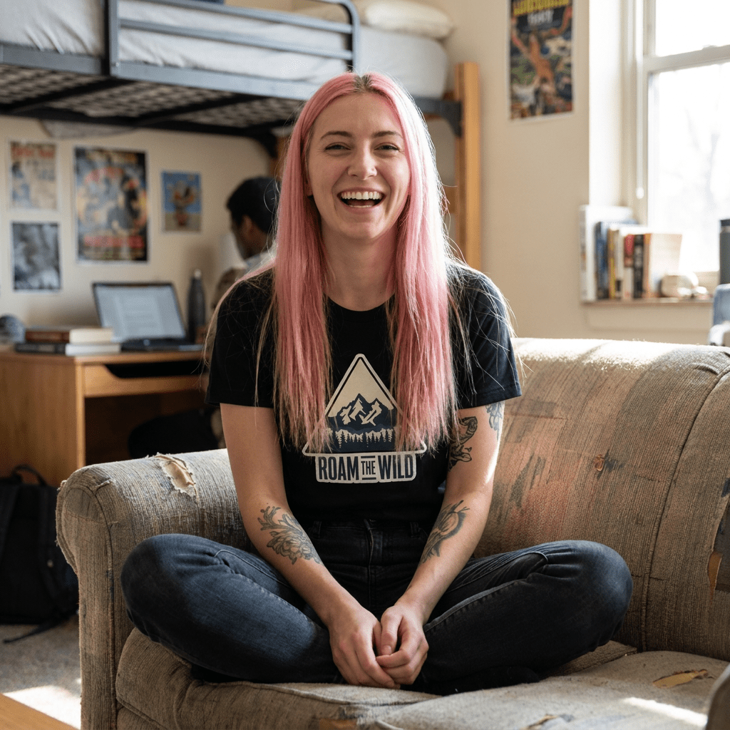 Black unisex hiking t-shirt featuring a triangular “Roam the Wild” mountain graphic