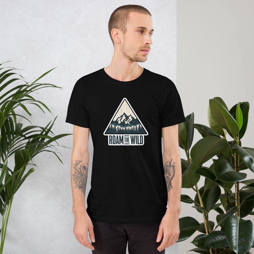 Black unisex hiking T-shirt with Roam the Wild mountain logo graphic on chest