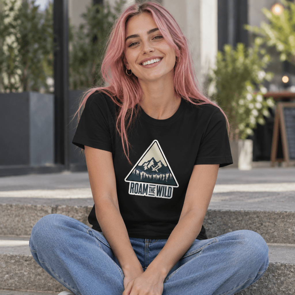 Black unisex hiking t-shirt with triangular “Roam the Wild” mountain graphic on chest