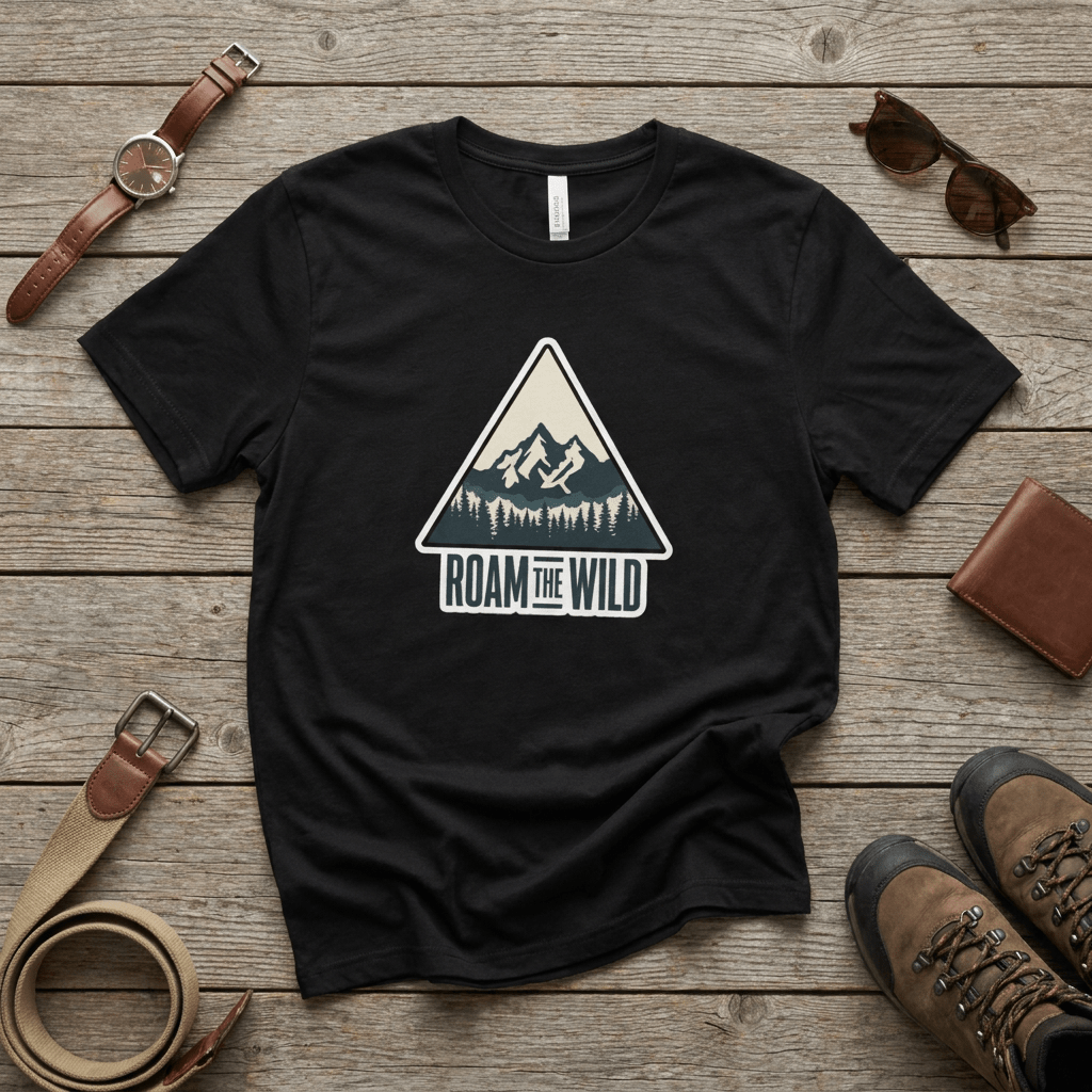 Black unisex t-shirt with “Roam the Wild” mountain logo in a triangular frame