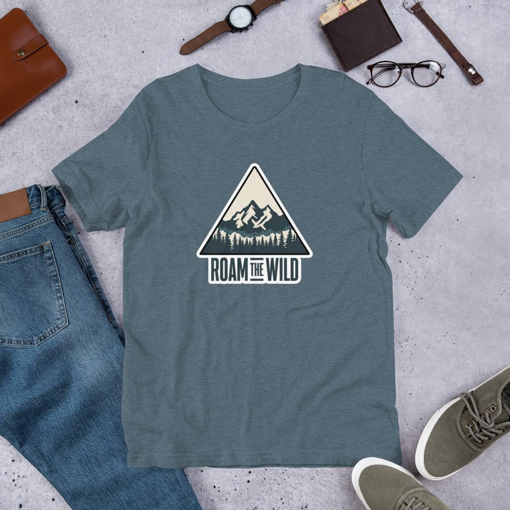 Heather slate unisex hiking T-shirt, crew neck, Roam the Wild mountain logo graphic