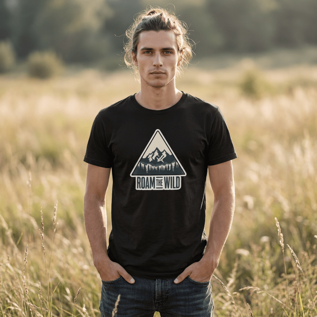 Black unisex hiking t-shirt with chest triangular “Roam the Wild” mountain logo