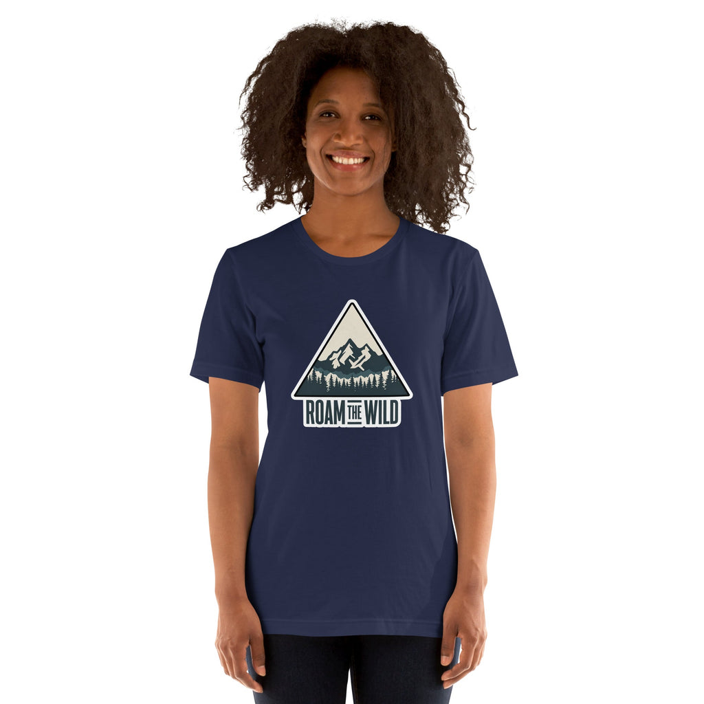 Navy unisex hiking T-shirt with Roam the Wild mountain logo graphic on chest