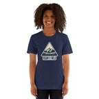 Navy unisex hiking T-shirt with Roam the Wild mountain logo graphic on chest