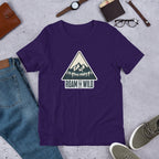 Purple unisex hiking T-shirt, crew neck, Roam the Wild mountain logo graphic