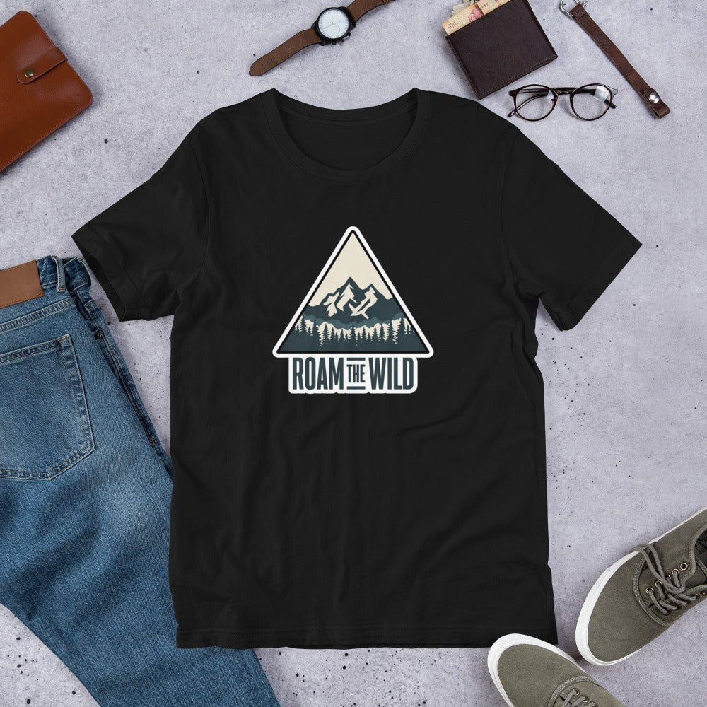 Black unisex hiking T-shirt, crew neck, Roam the Wild mountain logo graphic