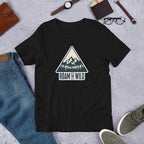 Black unisex hiking T-shirt, crew neck, Roam the Wild mountain logo graphic