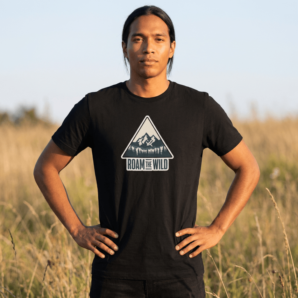 Black unisex hiking t-shirt with “Roam the Wild” mountain logo in a triangle