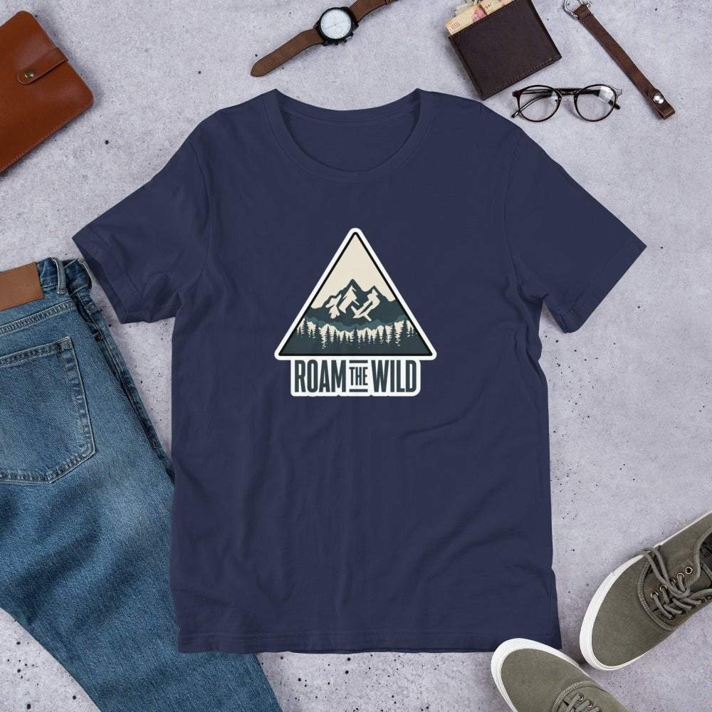 Navy unisex hiking T-shirt, crew neck, Roam the Wild mountain logo graphic