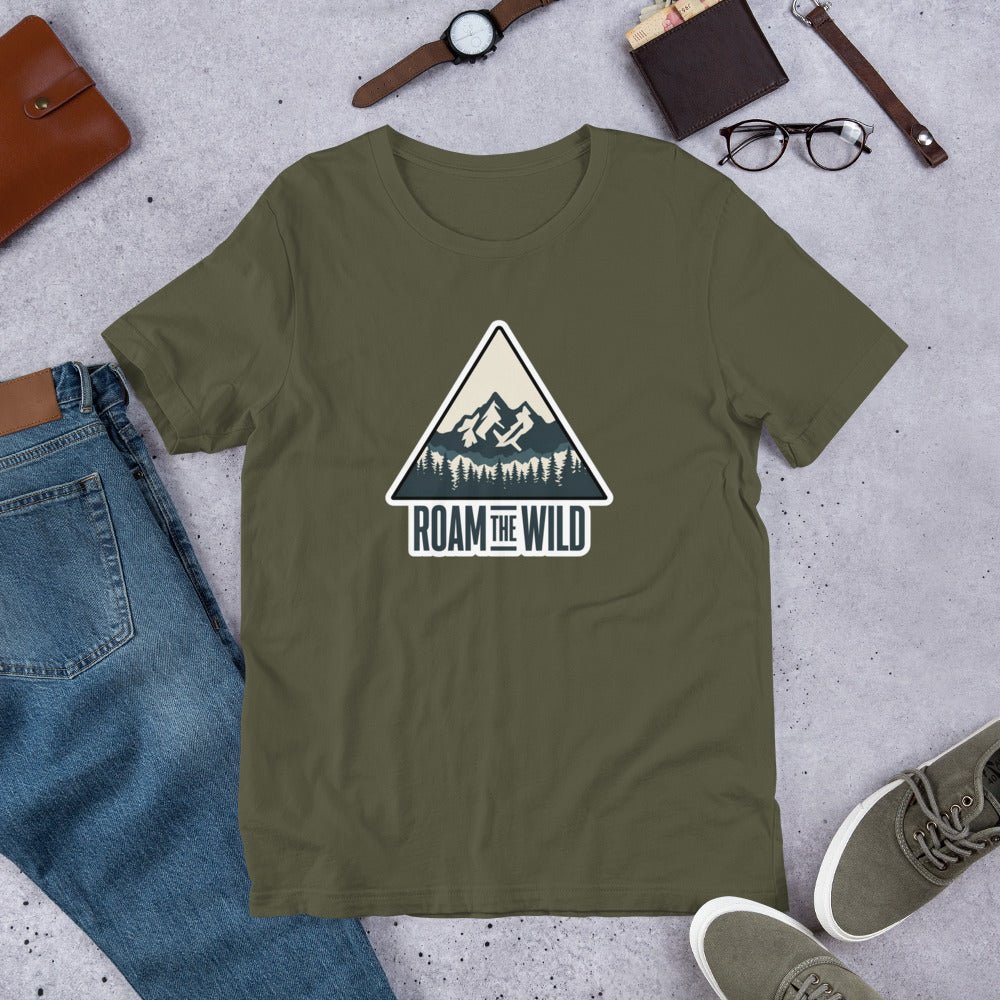 Military green unisex hiking T-shirt, crew neck, Roam the Wild mountain logo graphic