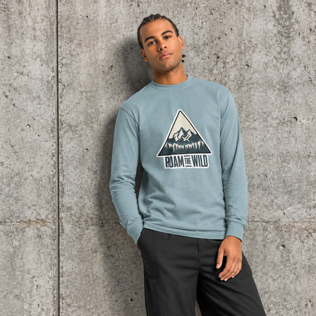 Men's light blue long sleeve hiking T-shirt with 'ROAM THE WILD' triangle graphic, front
