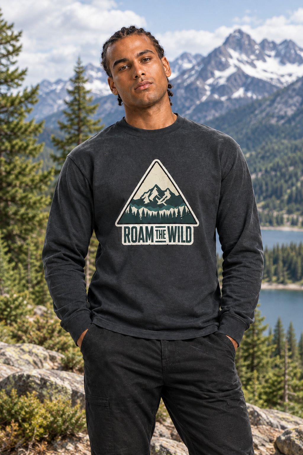 Men's dark gray long sleeve hiking T-shirt with 'ROAM THE WILD' triangle graphic