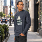 Men's dark blue long sleeve hiking T-shirt with 'ROAM THE WILD' triangle graphic