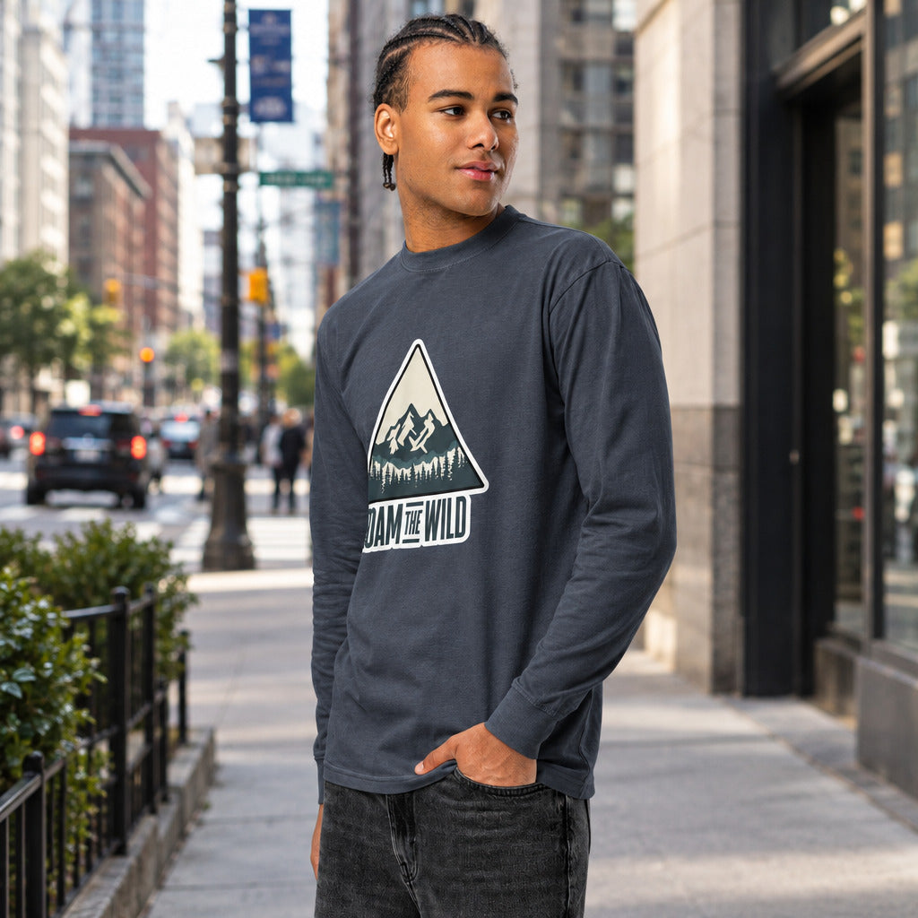Men's dark blue long sleeve hiking T-shirt with 'ROAM THE WILD' triangle graphic