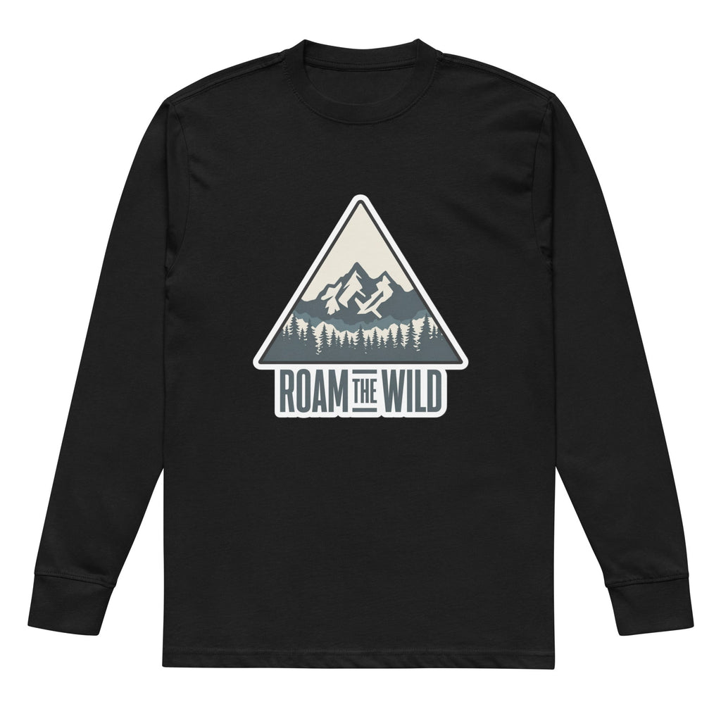 Men's black long-sleeve hiking T-shirt with chest Roam the Wild logo
