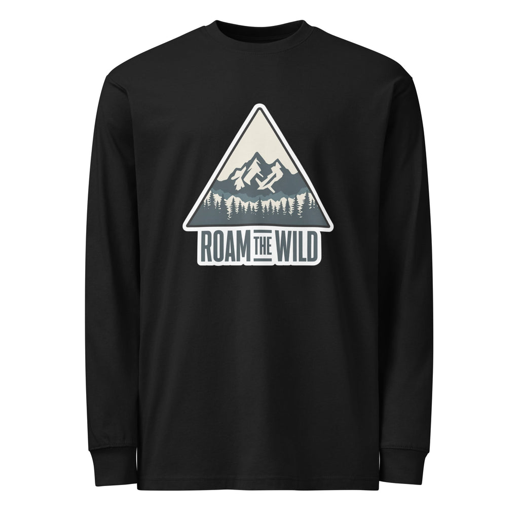 Men's black long sleeve hiking T-shirt with 'ROAM THE WILD' triangle graphic