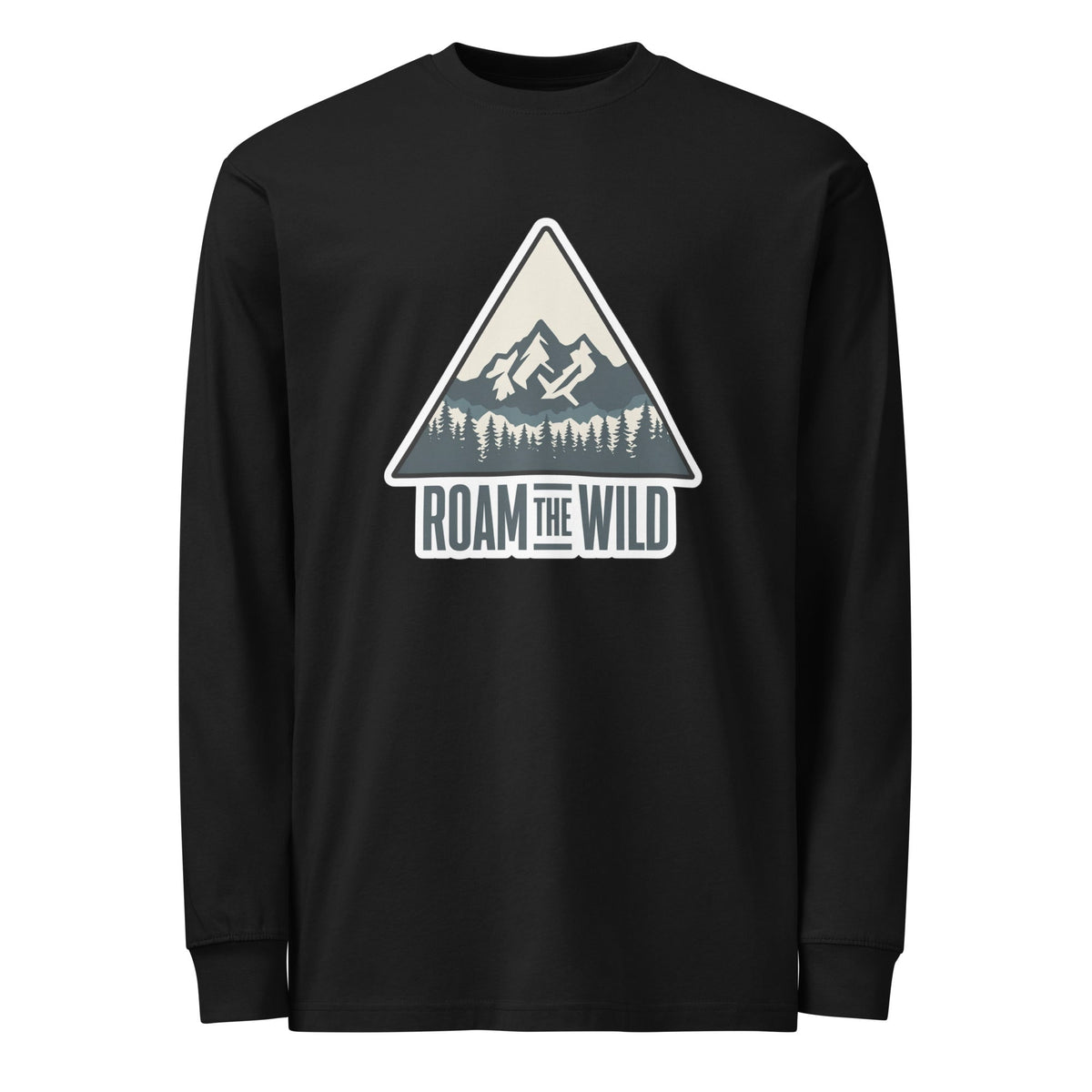 Men's black long sleeve hiking T-shirt with 'ROAM THE WILD' triangle graphic