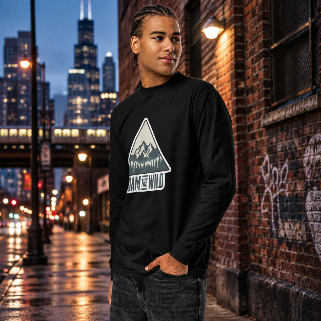 Men's black long sleeve hiking T-shirt with 'ROAM THE WILD' triangle graphic, side view