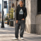 Men's black long sleeve hiking T-shirt with 'ROAM THE WILD' triangle graphic, full body