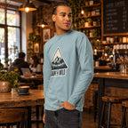 Men's pale blue long sleeve hiking T-shirt with 'ROAM THE WILD' triangle graphic
