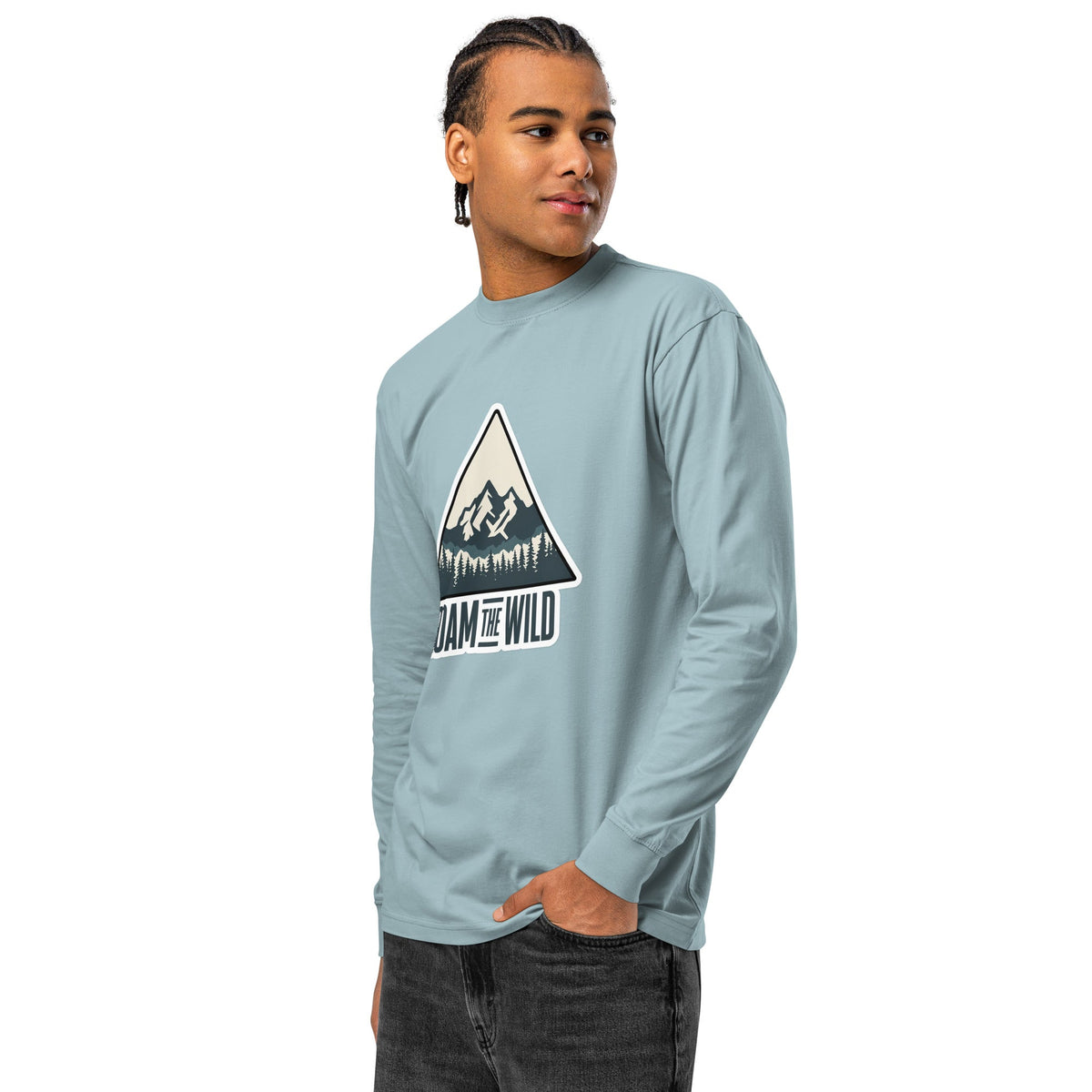 Men's pale blue long sleeve hiking T-shirt with 'ROAM THE WILD' triangle graphic