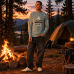 Men's light blue long sleeve hiking T-shirt with 'ROAM THE WILD' triangle graphic