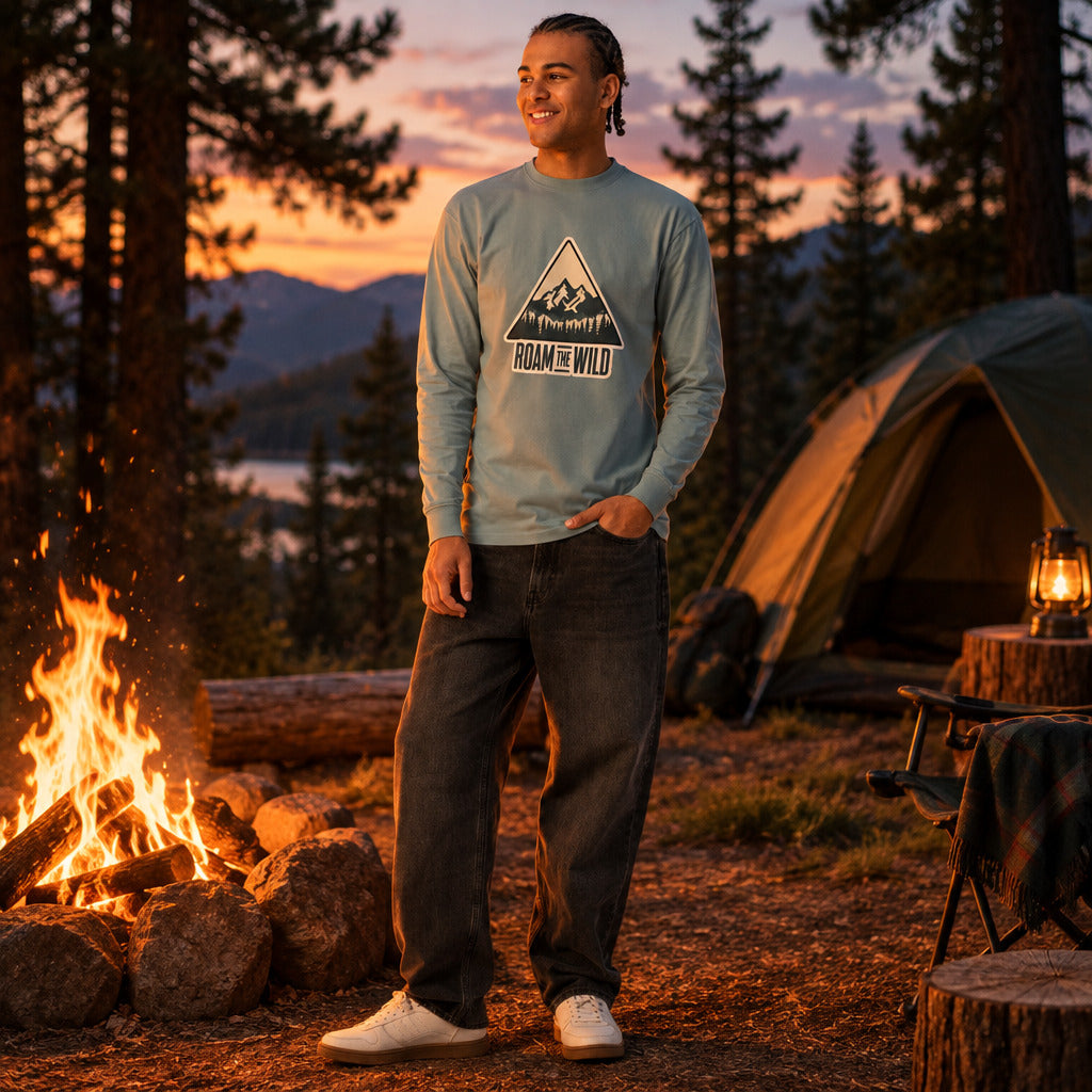Men's light blue long sleeve hiking T-shirt with 'ROAM THE WILD' triangle graphic