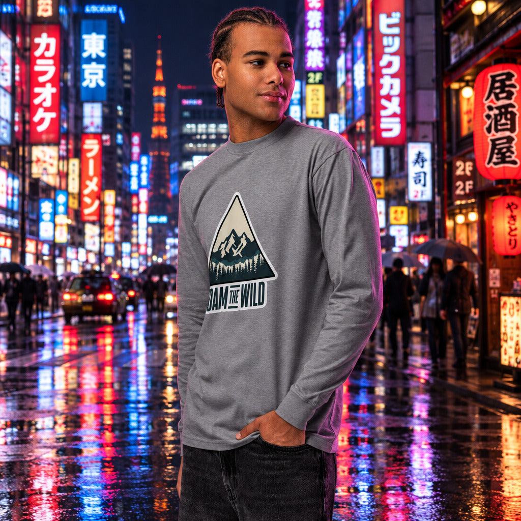 Men's gray long sleeve hiking T-shirt with 'ROAM THE WILD' triangle graphic