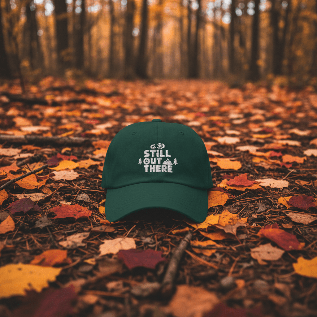Green embroidered dad cap with adjustable strap, curved brim, front text and star stitching