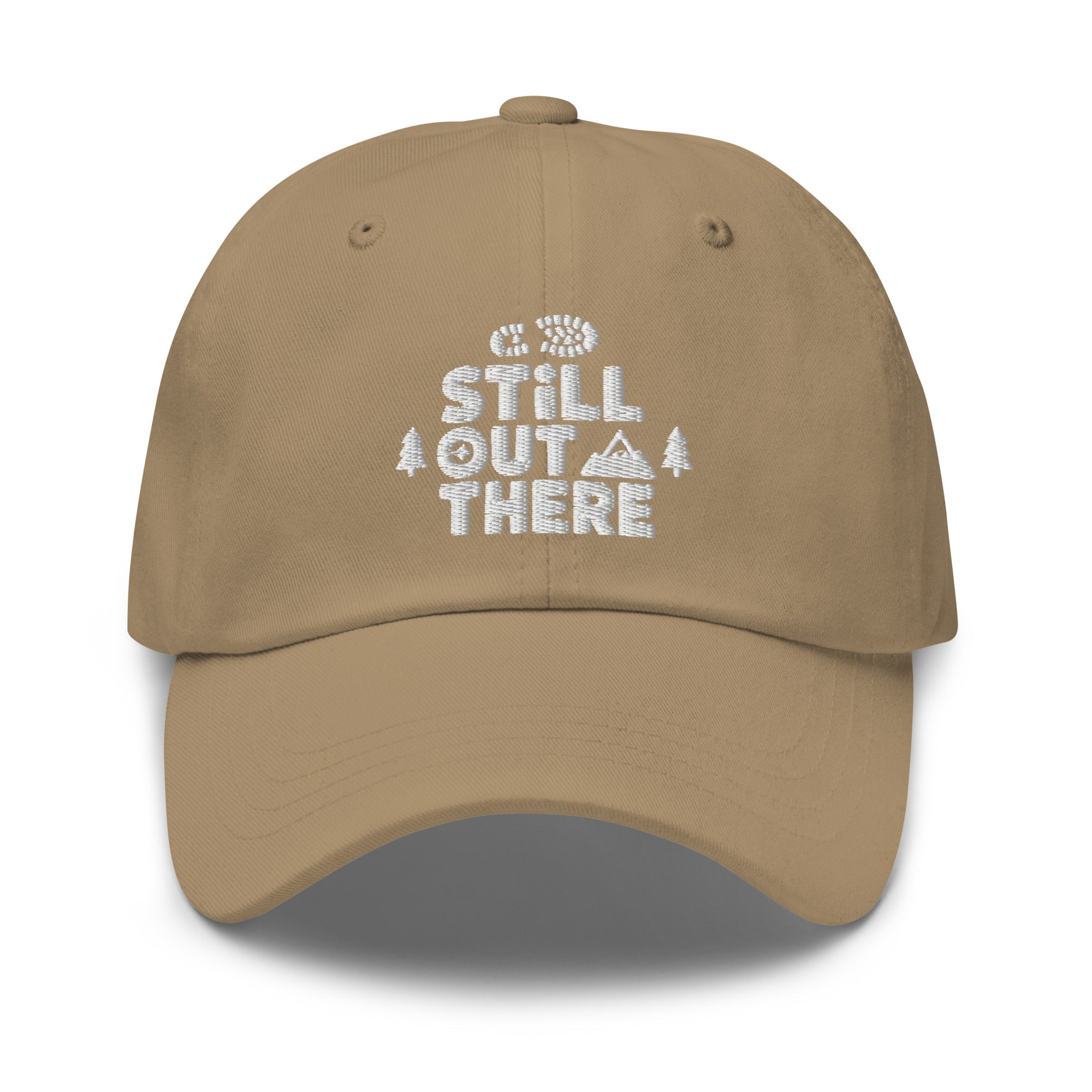 Khaki embroidered adjustable dad hat with front stitched logo and curved brim