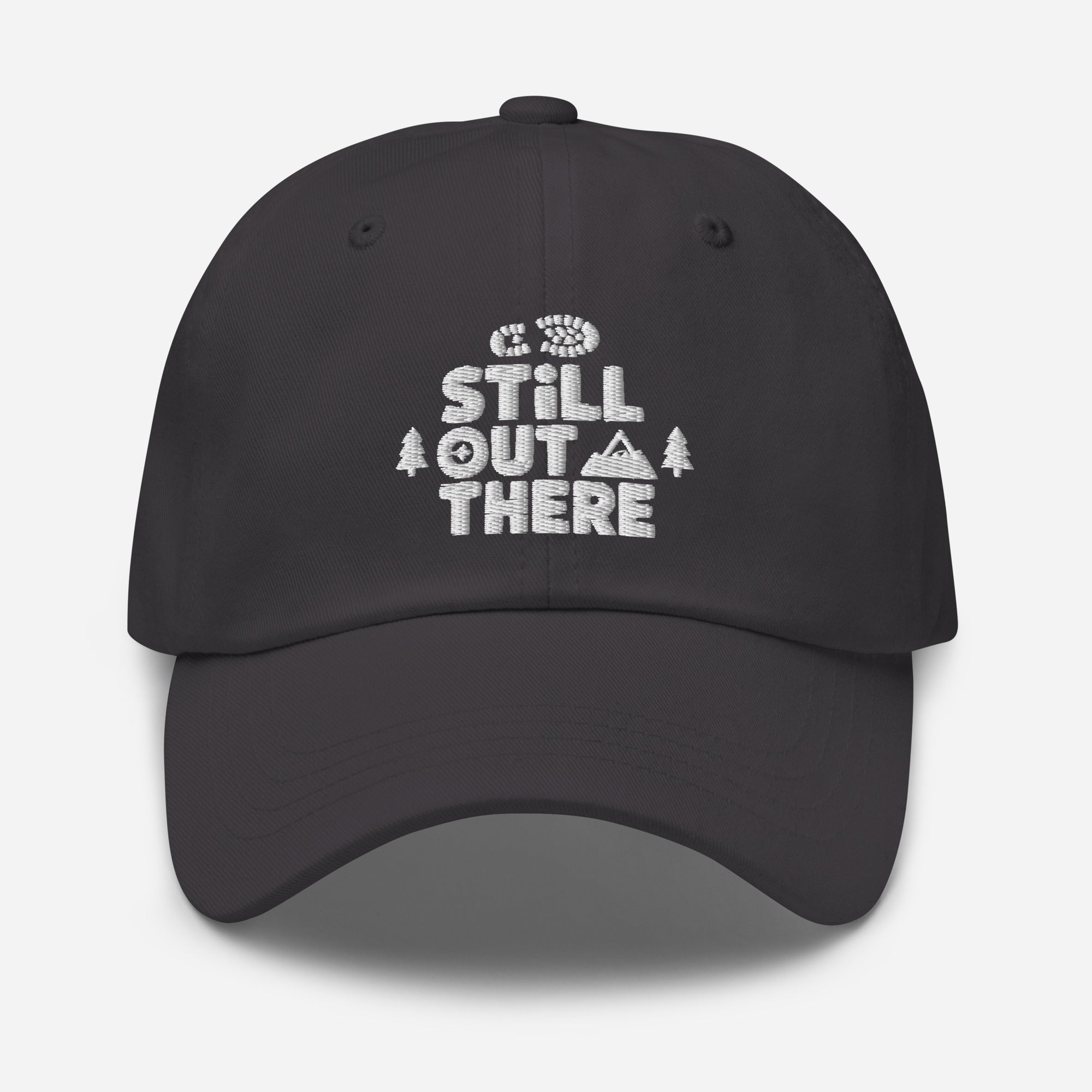 Black embroidered adjustable dad hat with front stitched logo and curved brim