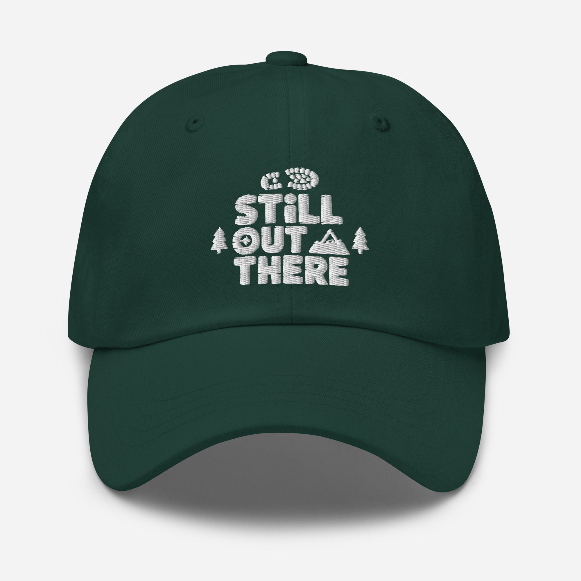 Green embroidered adjustable dad hat with front stitched logo and curved brim