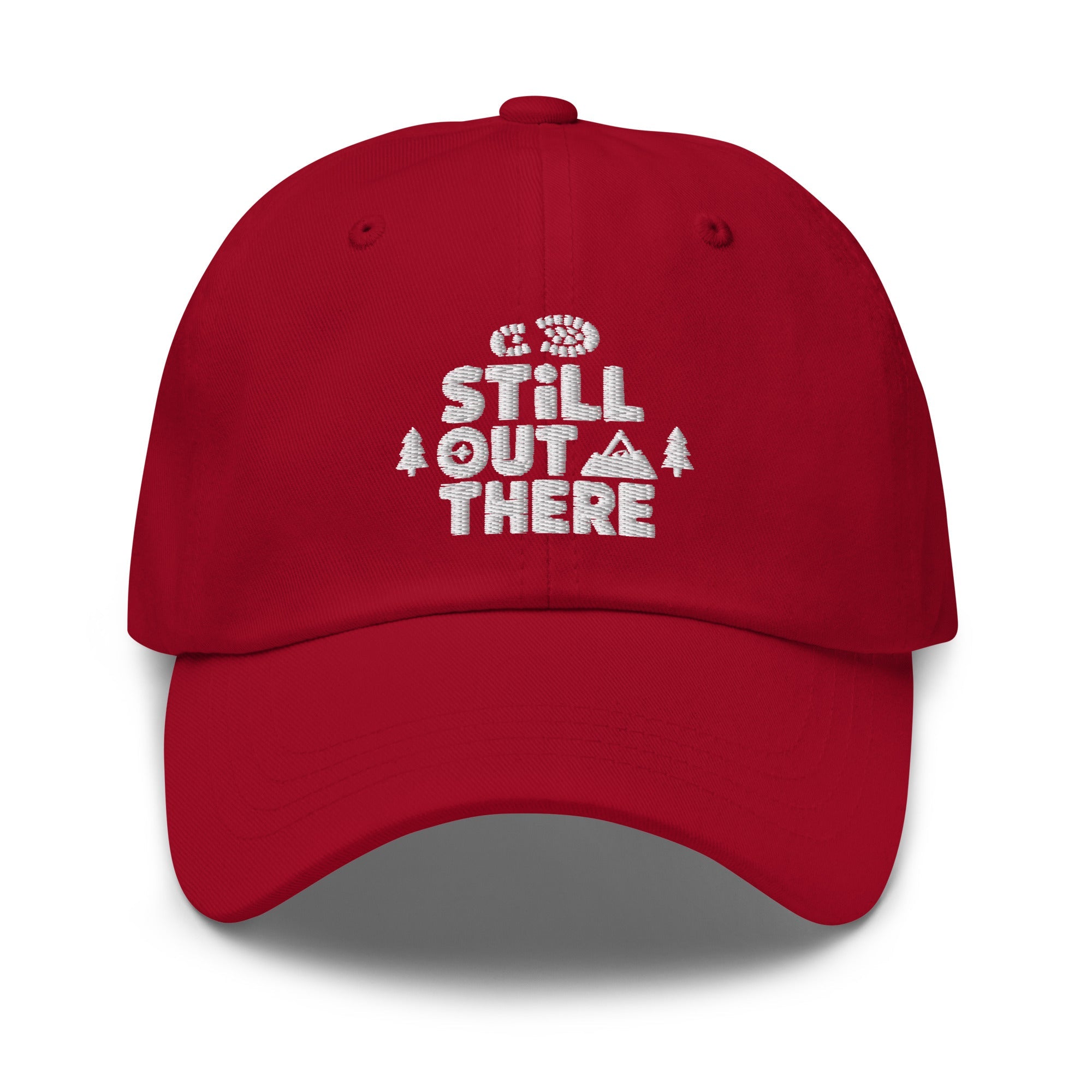 Cranberry red embroidered adjustable dad hat with front stitched logo and curved brim